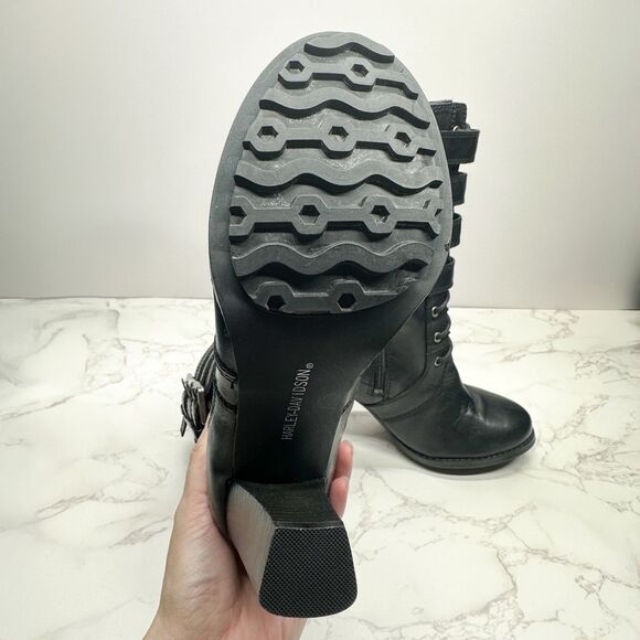 Harley Davidson Ladies Black Leather Boots Size 6 Mid Calf Buckles Zip Lace Up - Picture 12 of 16